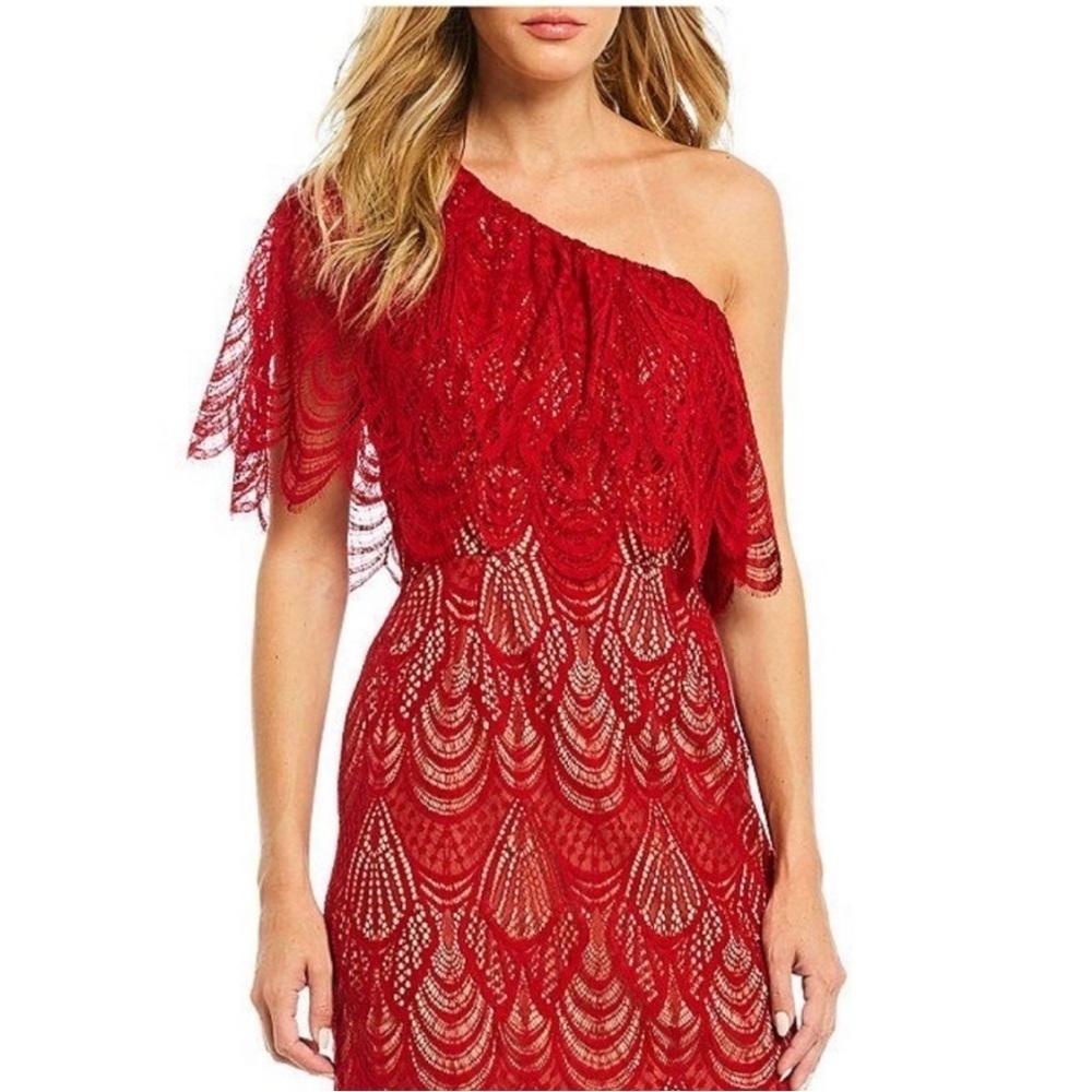 Dress The Population Violet Lace One Shoulder Ruby Red Midi Dress Size Medium